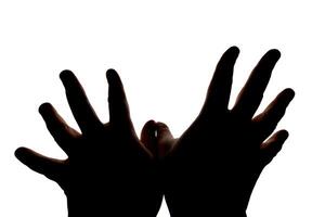 Silhouette of hands showing flying bird wings gesture isolated on white background. Blank for design. photo