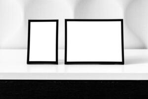 White wooden floor and black photo frame with copy space for a text background. Mock up.