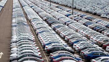 Rows of a new cars parked in a distribution center on a cloudy day in the spring, a car factory. Top view to the parking in the open air. photo