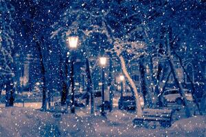 Blured photo of a winter night park with lanterns, pavement and trees covered with snow in snowfall.