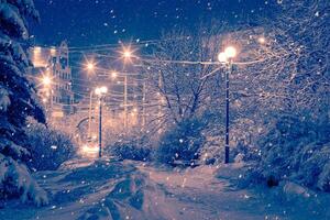 Winter night park with lanterns, pavement and trees covered with snow in snowfall. photo
