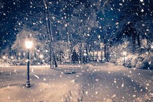 Winter night park with lanterns, pavement and trees covered with snow in snowfall. photo