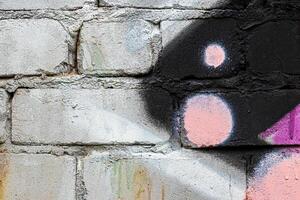 A fragment of colorful graffiti painted on a brick wall. Abstract backdrop for design. photo
