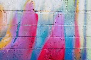 A fragment of colorful graffiti painted on a brick wall. Abstract backdrop for design. photo