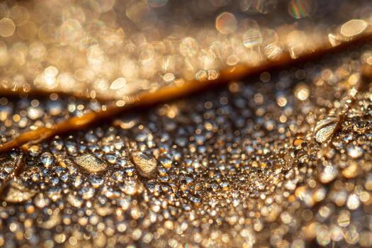 Dew drops on an autumn fallen leaf, shimmering in the sun, shot in close-up with bokeh. Abstract macro backdrop. photo