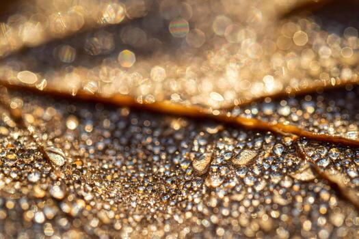 Dew drops on an autumn fallen leaf, shimmering in the sun, shot in close-up with bokeh. Abstract macro backdrop. photo