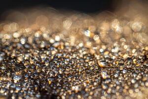 Dew drops on an autumn fallen leaf, shimmering in the sun, shot in close-up with bokeh. Abstract macro backdrop. photo
