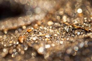 Dew drops on an autumn fallen leaf, shimmering in the sun, shot in close-up with bokeh. Abstract macro backdrop. photo