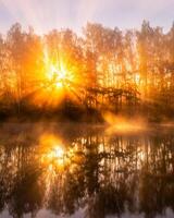 Golden misty sunrise on the pond in the autumn morning. Trees with rays of the sun cutting through it, reflected in the water. photo
