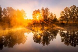 Golden misty sunrise on the pond in the autumn morning. Trees with rays of the sun cutting through it, reflected in the water. photo