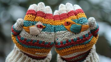 Light and airy knitted gloves featuring geometric bird embroidery. photo
