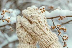 Intricate cable knit glove on winter background. Stylish woolen accessory. photo