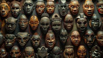 Detailed African mask against textured backdrop symbolizing rich culture and mythology. photo