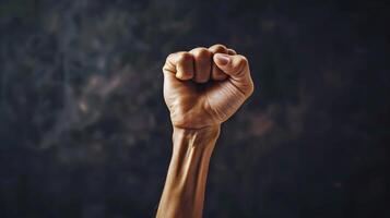 Realistic image of triumphant right hand raised in victory against solid backdrop photo