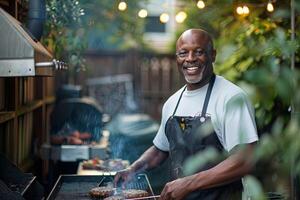 African American man showcasing grilling expertise at joyful backyard barbecue photo