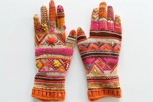 Woolen gloves featuring vibrant orange, pink, and cream stripes, showcasing a geometric pattern on a white background. photo
