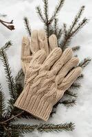 Intricately patterned knitted glove, a stylish woolen accessory against a winter background. photo