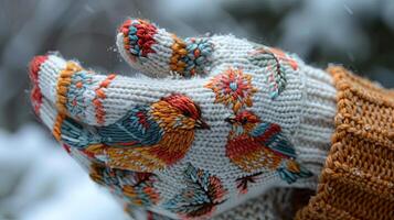 Knitted gloves adorned with geometric bird embroidery, evoking a light, airy sensation. photo