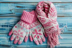 Festive pink and white winter gloves with snowflakes on a light blue table. photo