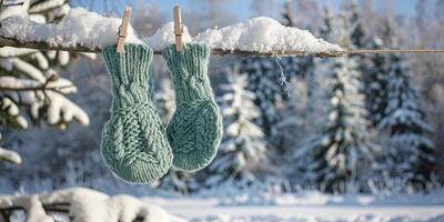Fresh winter charm on rustic clothesline with handmade green cable-knit mittens. photo