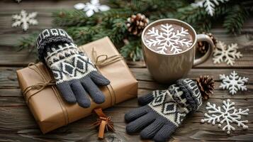 Dark grey winter gloves with white patterns arranged on a wooden table. Cozy holiday setup photo