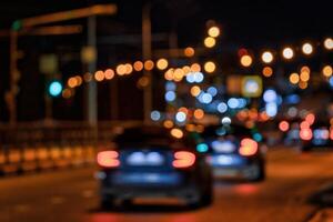 Blurry lights of moving cars and lanterns reflecting on the wet asphalt in the night city. photo