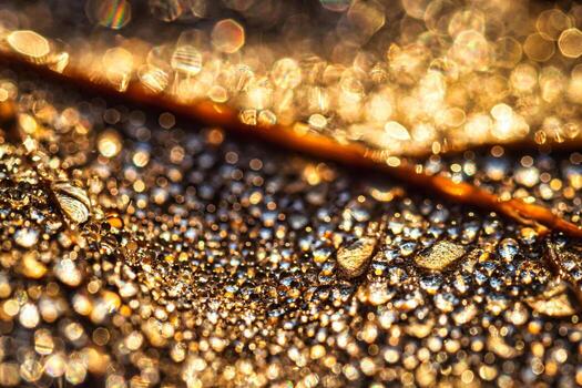 Dew drops on an autumn fallen leaf, shimmering in the sun, shot in close-up with bokeh. Abstract macro background. photo