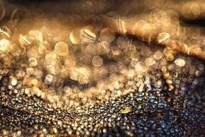 Dew drops on an autumn fallen leaf, shimmering in the sun, shot in close-up with bokeh. Abstract macro background. photo