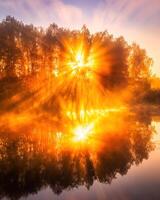 Misty sunrise on the pond in the autumn morning. Trees with rays of the sun cutting through the branches, reflected in the water. photo