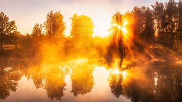 Misty sunrise on the pond in the autumn morning. Trees with rays of the sun cutting through the branches, reflected in the water. photo