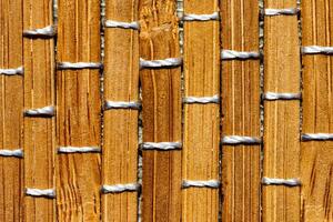 A background of bamboo stems intertwined with threads. photo