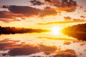 Sunset on the river at summer evening with clouds and trees. Water reflection of a sky. photo