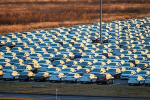 Volkswagen Group Rus, Russia, Kaluga - MAY 25, 2020 Rows of a new cars parked in a distribution center on a sunny morning in the autumn. photo