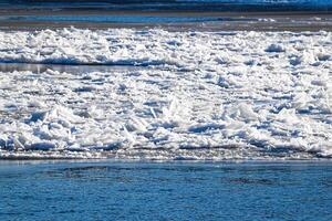 Melting ice floating on the river on a spring day. Cracked ice texture. photo