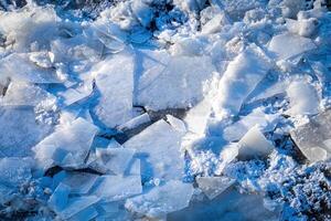 Melting ice floating on the river on a spring day. Cracked ice texture. photo