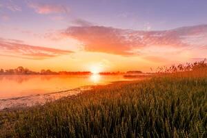 Scenic view of beautiful sunrise or dawn above the pond or lake at spring or early summer morning. photo