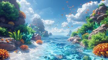 A 3D cartoon scene with underwater creatures. photo