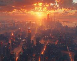 A 3D realistic rendering of a futuristic cityscape photo