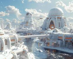 A 3D realistic rendering of a futuristic cityscape photo