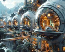 A 3D realistic rendering of a futuristic cityscape photo