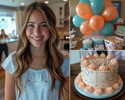 un cumpleaños collage con fotos de un sorpresa fiesta regalos