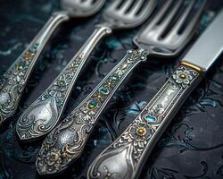 A close-up of a cutlery set with intricate patterns. photo