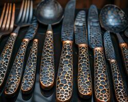 A close-up of a cutlery set with a unique pattern. photo