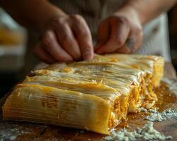 A close-up of a tamale being unwrapped. photo