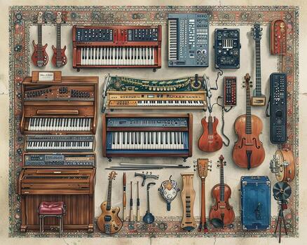 A detailed outline of a musical instrument collection. photo