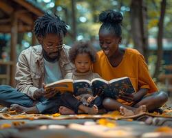 A group of people engaging in acts of care such as reading to children photo