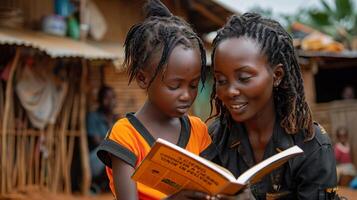 A group of people engaging in acts of care such as reading to children photo