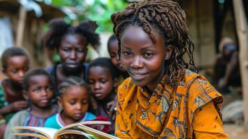 A group of people engaging in acts of care such as reading to children photo
