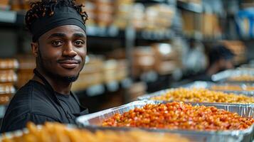 A person assisting with meal distribution to those in need. photo