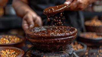 A person making traditional Mexican mole sauce. photo